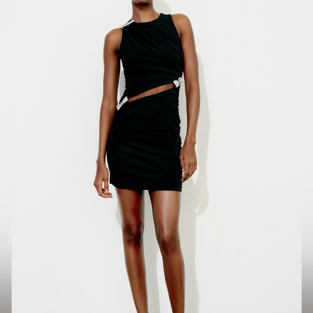 Zara S NWT black jewel bow cut out dress. Round neckline.